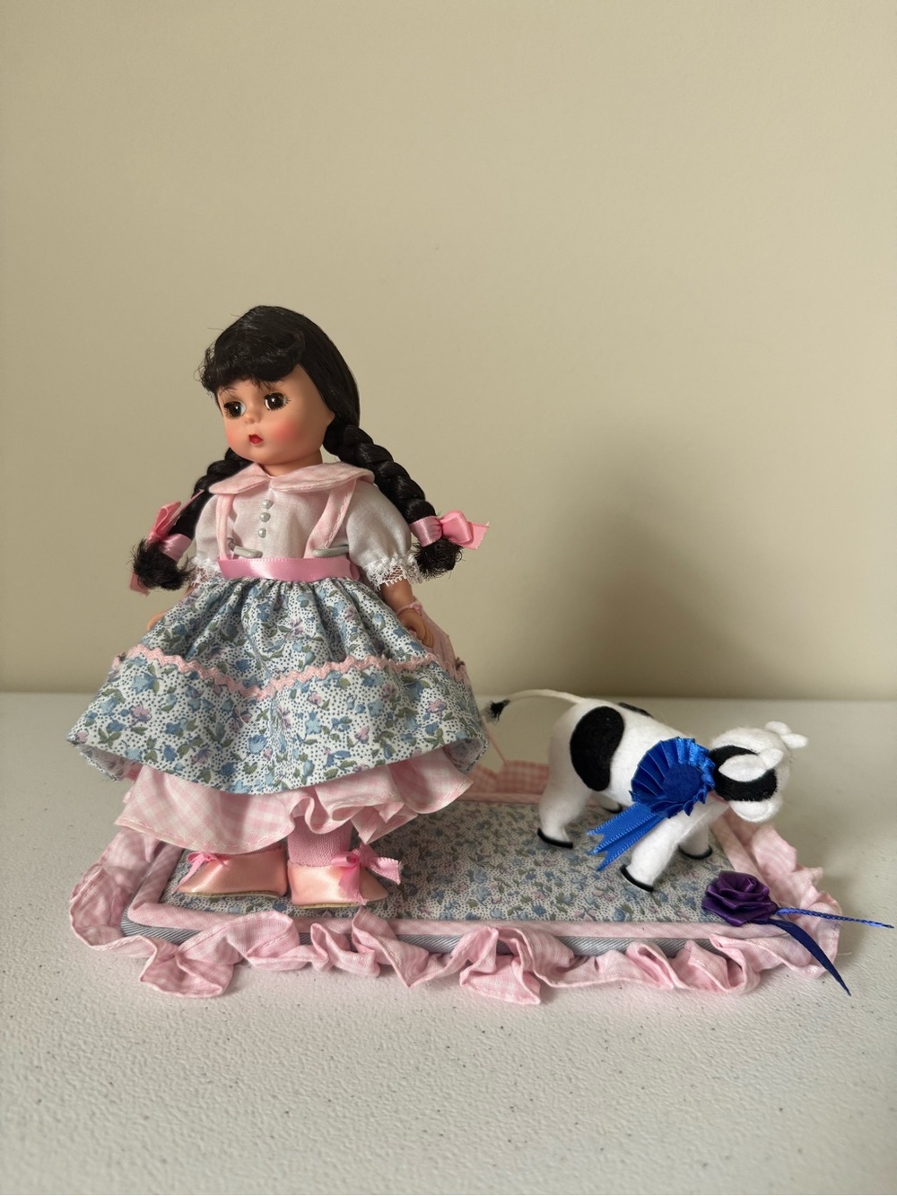 Madame Alexander Girl Doll in Pink Dress with Floral Apron and Plush Cow